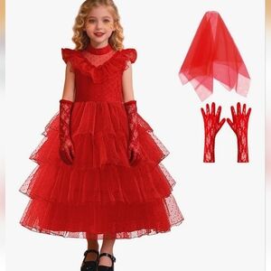 Red Ruffled Tulle Girls' Costume Dress with Gloves and Veil Lydia Deetz